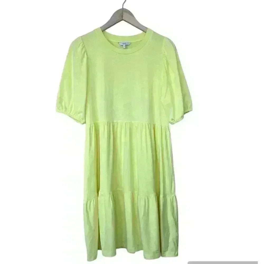 NEXT Ladies Dress Size 12 UK Size 8 US Yellow Short Sleeve Knee Length Tiered